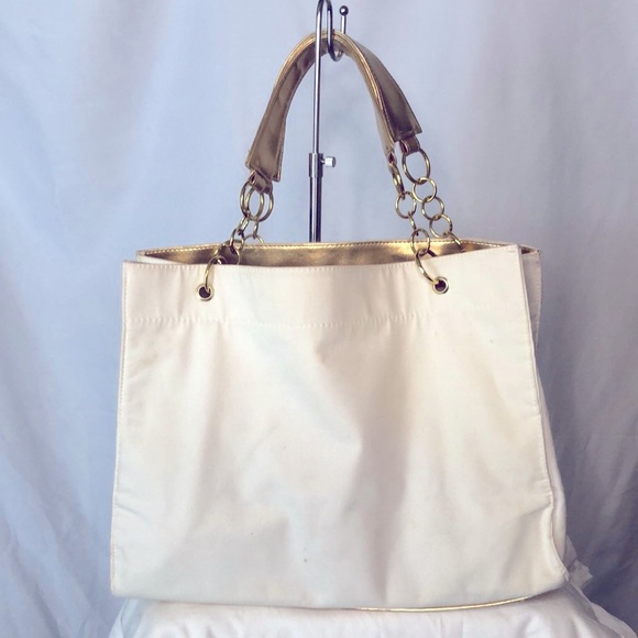 Cream and gold large canvas tote. Non brand. Gold chain & faux leather straps. - Picture 1 of 11